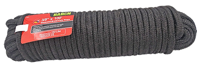 Baron 29878 Rope, Diamond Braided Rope Construction, 3/8 in Dia, 100 ft L, 133 lb Working Load, Polypropylene, Black