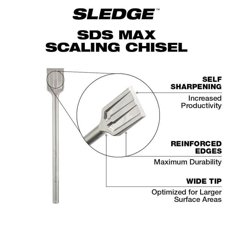 Milwaukee SDS Max SLEDGE 48-62-4084 Scaling Chisel Bit, 2 in W Tip, 3/4 in Dia Shank, SDS Max Shank, Steel