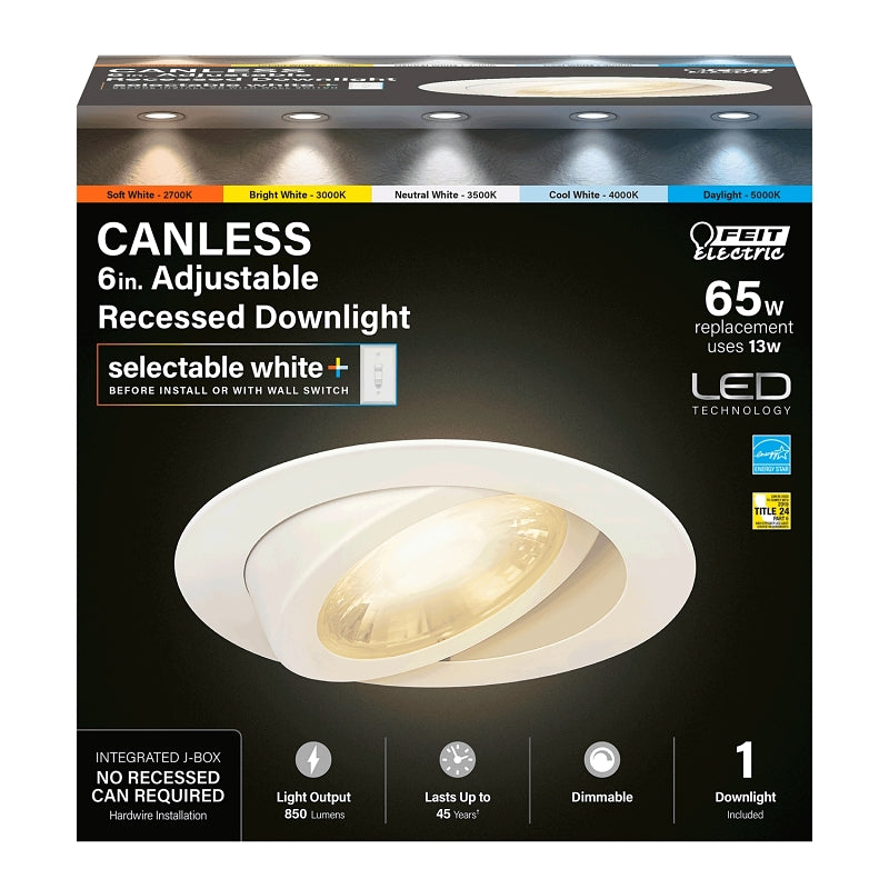 Feit Electric LEDR6XT/ADJ/6WYCA Adjustable Angle Recessed Downlight, 10.3 W, 120 V, LED Lamp, Aluminum, White