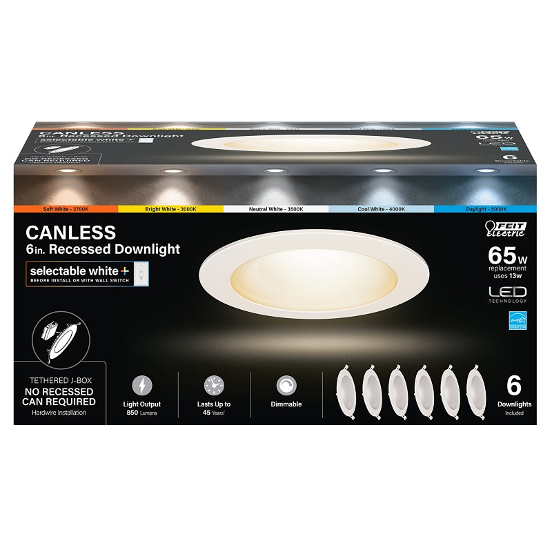 Feit Electric LEDR6XT/6WYCA/6 Recessed Downlight, 850 Lumens, 7.1 in L x 7.1 in W Dimensions, 13 W, 120 V, White, 6/PK