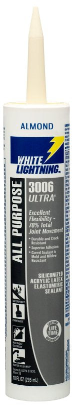 White Lightning W11002010 All Purpose Elastomeric Sealant, Almond, 5 to 7 days Curing, >40 deg F, 10 fl-oz, Cartridge, Pack of 12