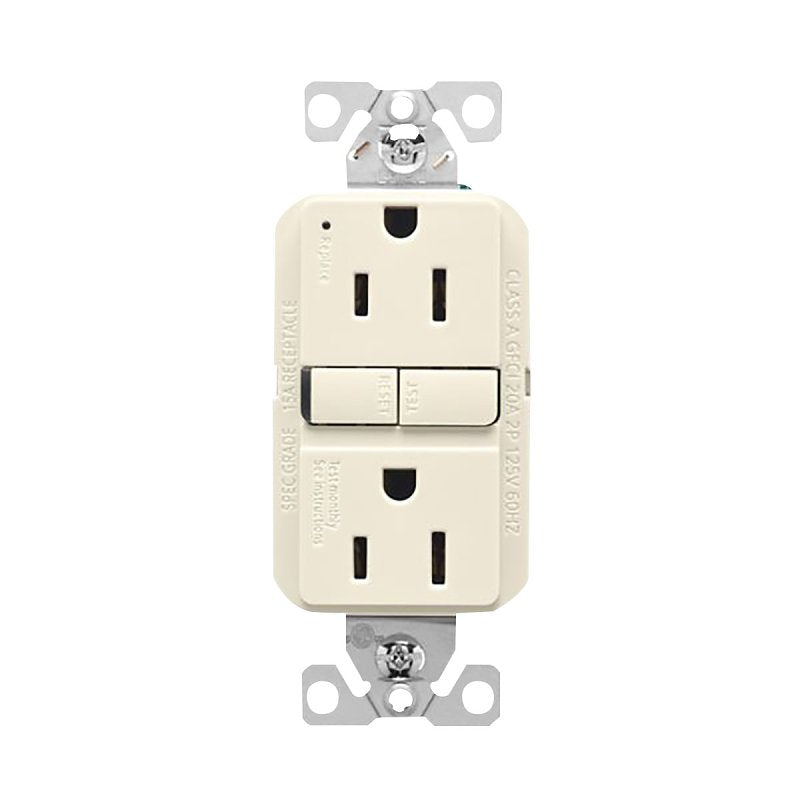 Eaton GF15LA Self-Test GFCI Receptacle, 125 V, 15 A, NEMA: NEMA 5-15R, Back, Side Wiring, Light Almond