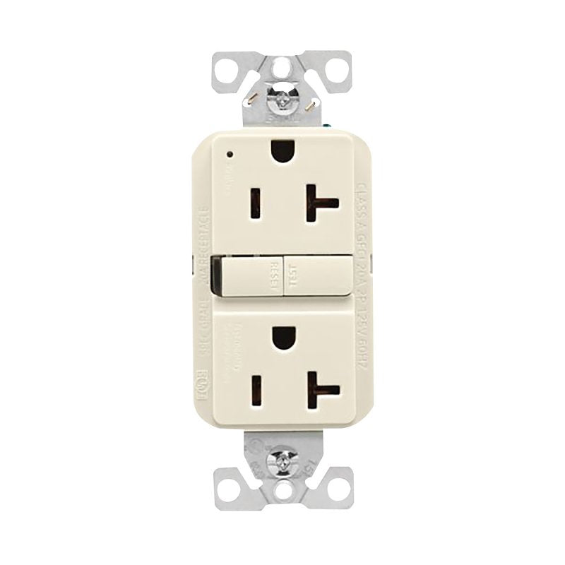 Eaton GF20LA Self-Test GFCI Receptacle, 125 V, 20 A, NEMA: NEMA 5-20R, Back, Side Wiring, Light Almond
