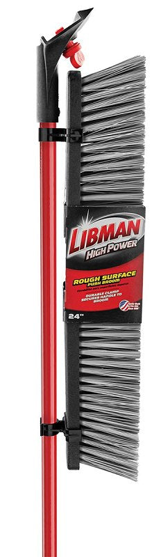 Libman 879 Rough Surface Push Broom, 25-1/2 in Sweep Face, 4 in L Trim, Pet Bristle, 64 in L, Bolt, Steel Handle