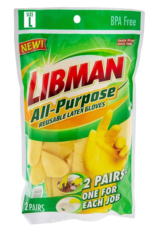 Libman 1322 All Purpose Reusable Gloves, L, 12 in L, Latex, Yellow
