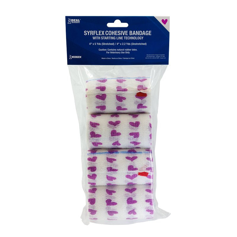 Ideal SyrFlex TA3400WHIP-4PK Hearts Cohesive Bandage, 5 yd L, 4 in W, Rubber Latex Bandage, Pink