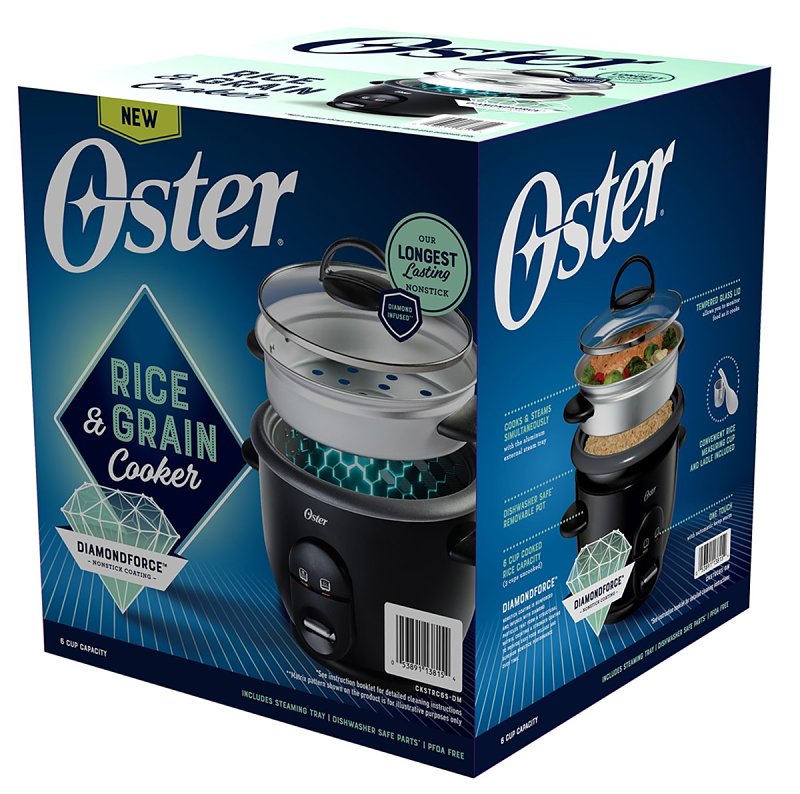 Oster DiamondForce 198046 Rice Cooker, 6 Cup, 700 W, 10 in L, Metal/Plastic, Black