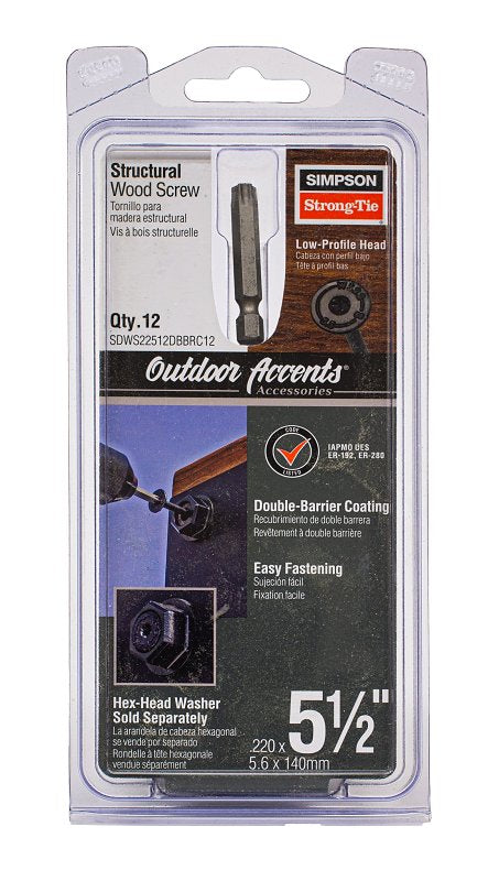 Simpson Strong-Tie Outdoor Accents SDWS SDWS22512DBB-RC12 Structural Screw, 5-1/2 in L, Low-Profile Head, 12 PK, Pack of 10
