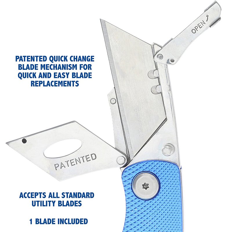 Sheffield 12514 Utility Knife, 2.4 in L Blade, 3-Blade, Textured Handle, Blue Handle
