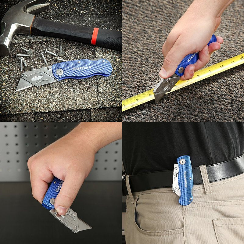 Sheffield 12514 Utility Knife, 2.4 in L Blade, 3-Blade, Textured Handle, Blue Handle
