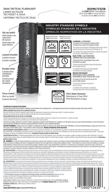 Rayovac ROVMLTV321B Tactical Handheld Flashlight, AAA Battery, Alkaline Battery, 300 Lumens, 180 m Beam Distance