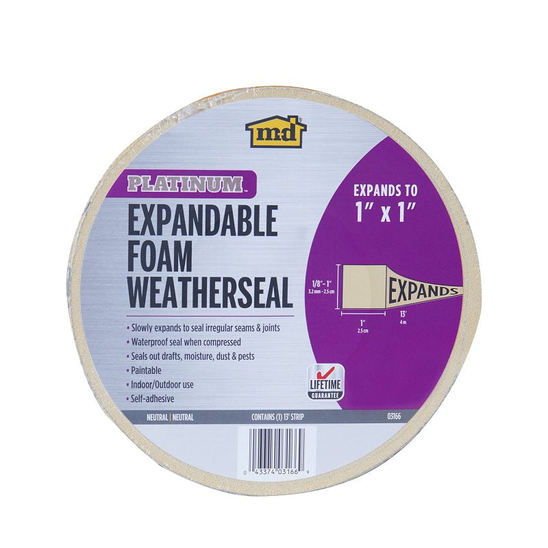 M-D 03166 Expandable Weatherseal, 1 in W, 13 ft L, 1 in Thick, Foam, Neutral