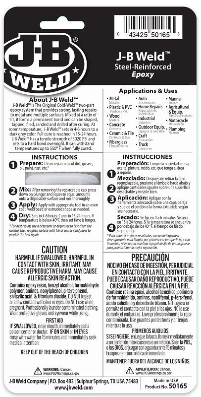 J-B Weld 50165 Epoxy Adhesive, Black Part A/White Part B, Paste, 25 mL, Syringe