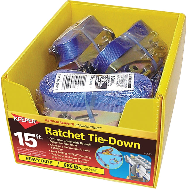 Keeper 89515-10 Tie-Down, Ratchet, 1 in W, 15 ft L, Orange, 666 lb, J-Hook End Fitting, Pack of 8