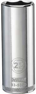 DEWALT DWMT93536OSP Drive Socket, 22 mm Socket, 1/2 in Drive, 6-Point, Vanadium Steel, Polished Chrome
