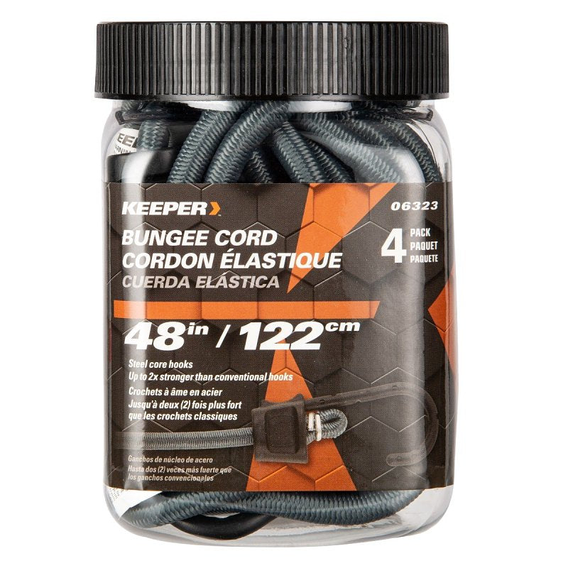 Keeper 06323 Bungee Cord, Polypropylene End, 48 in L, Rubber, Gray, Hook End, 4/PK