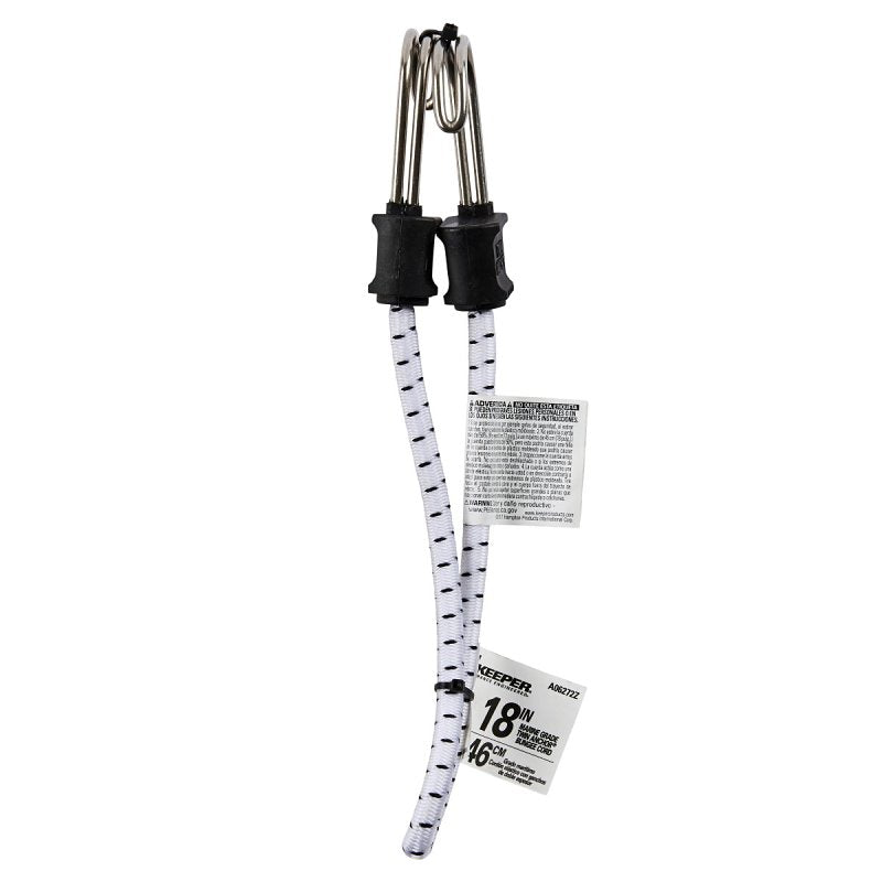 Keeper A06272Z Bungee Cord, 0.315 in Dia, 18 in L, Rubber/Steel, Black/White, Hook End