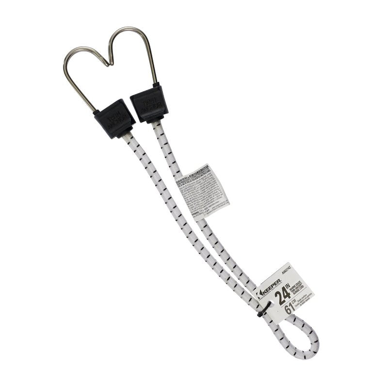 Keeper A06274Z Bungee Cord, 0.315 in Dia, 24 in L, Rubber/Steel, Black/White, Hook End