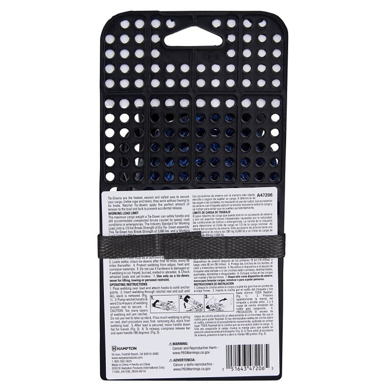 Keeper 47206 Tie-Down, 1-3/4 in W, 14 ft L, Gray, 1000 lb Working Load, J-Hook End