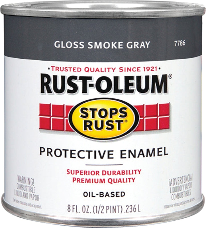 Stops Rust 7786730 Enamel Paint, Oil Base, Gloss Sheen, Smoke Gray, 0.5 pt, Can, 50 to 90 sq-ft/qt Coverage Area