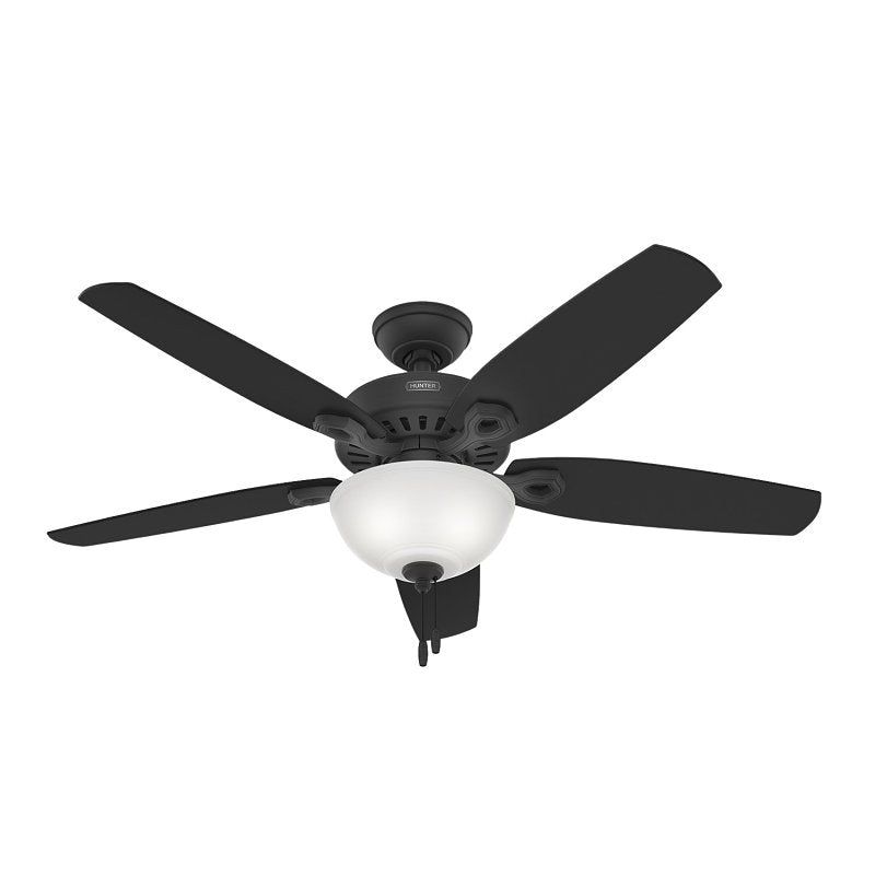 Hunter Builder Deluxe Series 52386 Ceiling Fan, 5-Blade, Black Housing, Black Blade, 52 in Sweep, MDF Blade, 3-Speed