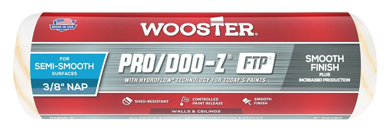 Wooster RR666-9 Roller Cover, White, 3/8 in Thick Nap, 9 in L, Fabric Cover