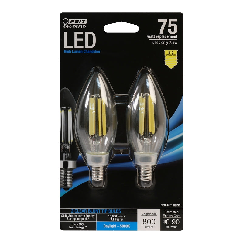 Feit Electric BPCTC75/850/LED/2 Filament LED Bulb, Decorative, B10 Lamp, 75 W Equivalent, E12 Candelabra Lamp Base