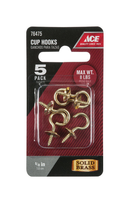 Ace Small Polished Brass Green Brass 0.875 in. L Cup Hook 8 lb 5 pk, Pack of 5