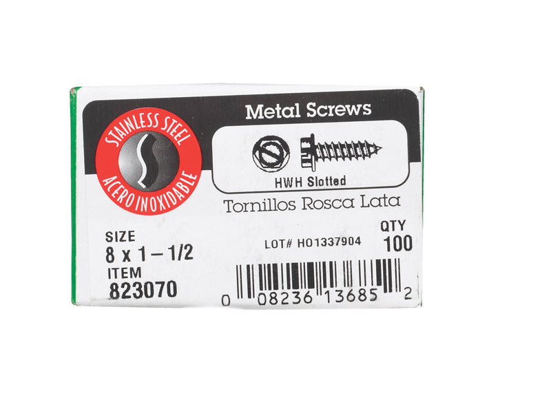 HILLMAN No. 8 X 1-1/2 in. L Slotted Hex Washer Head Sheet Metal Screws 100 pk