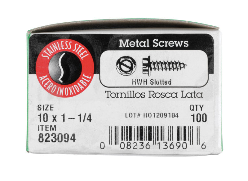 HILLMAN No. 10 X 1-1/4 in. L Slotted Hex Washer Head Sheet Metal Screws 100 pk