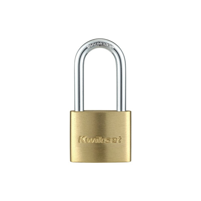 Kwikset 90260-325 Padlock, Keyed Alike Key, 0.24 in Dia Shackle, 1-9/16 in H Shackle, Steel Shackle, Brass Body, Satin