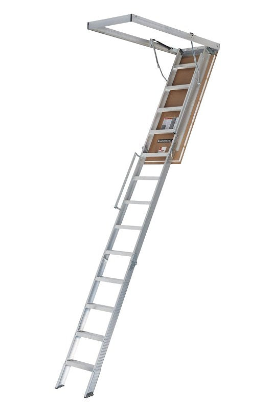 Louisville AL2541LG-R5 Attic Ladder, 10 to 12 ft H Ceiling, 25-1/2 x 63 in Ceiling Opening, 350 lb, Aluminum