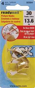 OOK 50584 Picture Hanger, 30 lb, Steel, Brass, Gold, 4/PK, Pack of 12