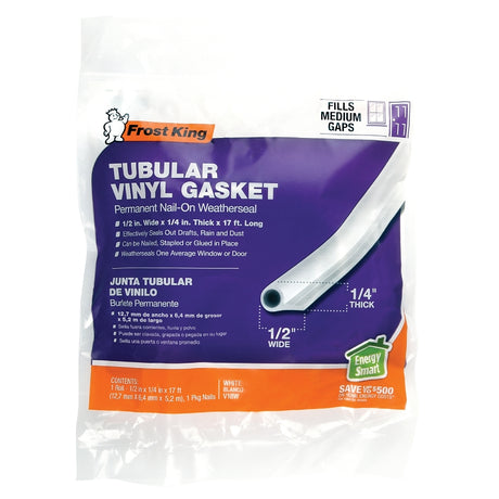 Frost King V18WH Gasket Weatherstrip, 1/2 in W, 1/4 in Thick, 17 ft L, Vinyl, White