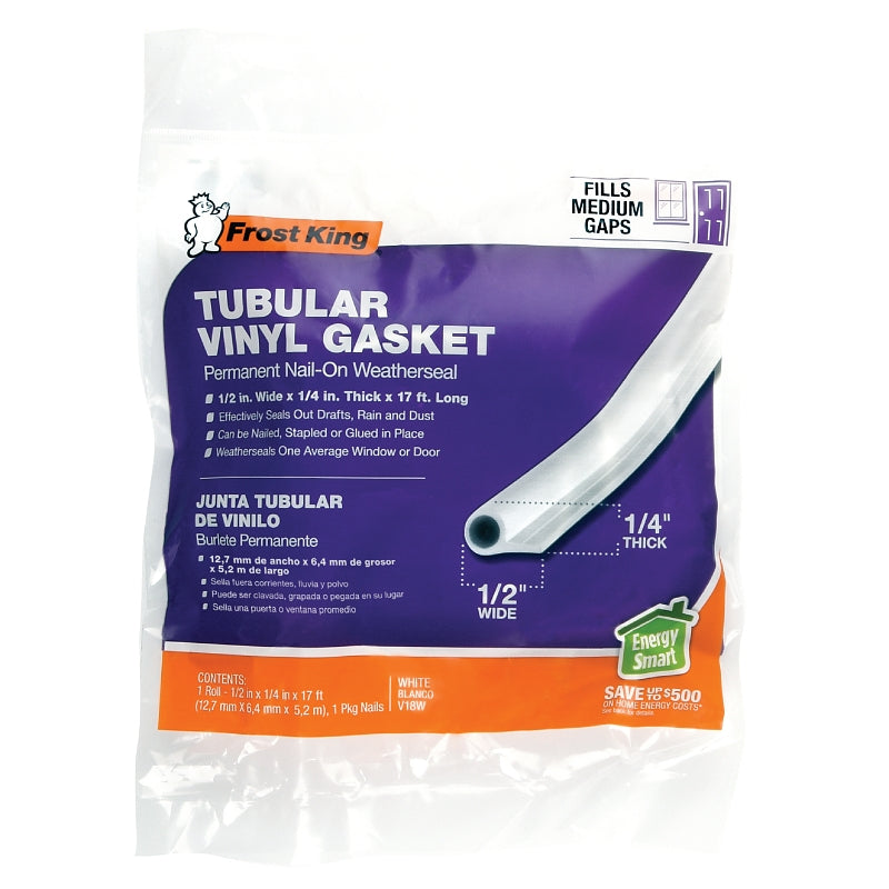 Frost King V18WH Gasket Weatherstrip, 1/2 in W, 1/4 in Thick, 17 ft L, Vinyl, White