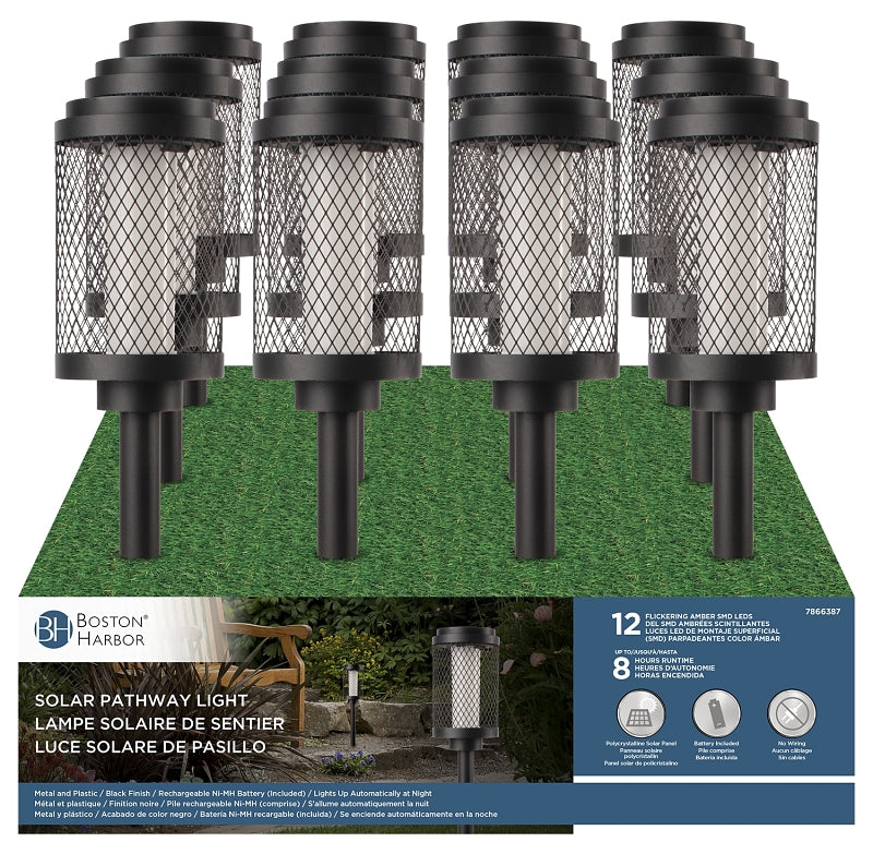 Boston Harbor 27098 Solar Pathway Light, Ni-MH Battery, AA Battery, 12-Lamp, LED Lamp, Metal/Plastic Fixture, Black, Pack of 12