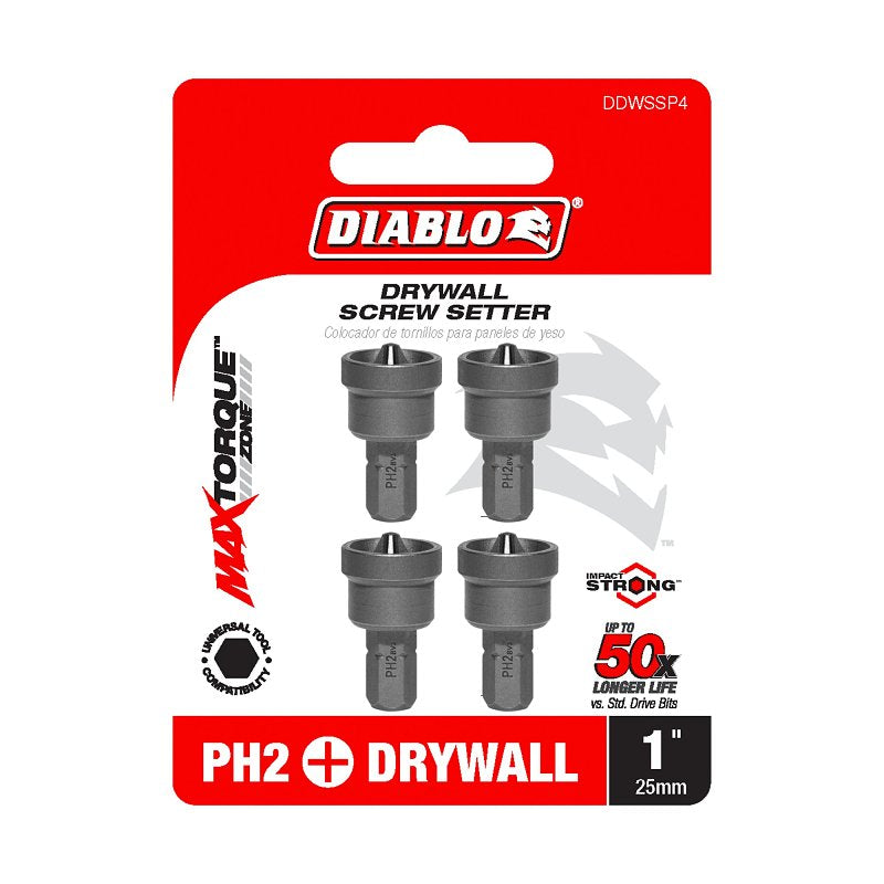 Diablo DDWSSP4 Drywall Screw Setter, #2 Drive, Phillips Drive, 1/4 in Shank, Hex Shank, 1 in L