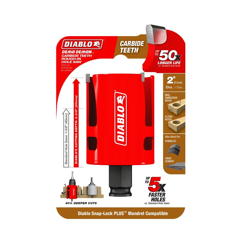 Diablo Demo Demon DHS2000CTR Hole Saw, 2 in Dia, 2-3/8 in D Cutting, 1-5/8 in Arbor, Carbide Cutting Edge