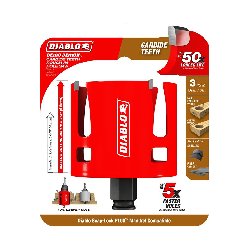 Diablo Demo Demon DHS3000CTR Hole Saw, 3 in Dia, 2-3/8 in D Cutting, 1-5/8 in Arbor, Carbide Cutting Edge