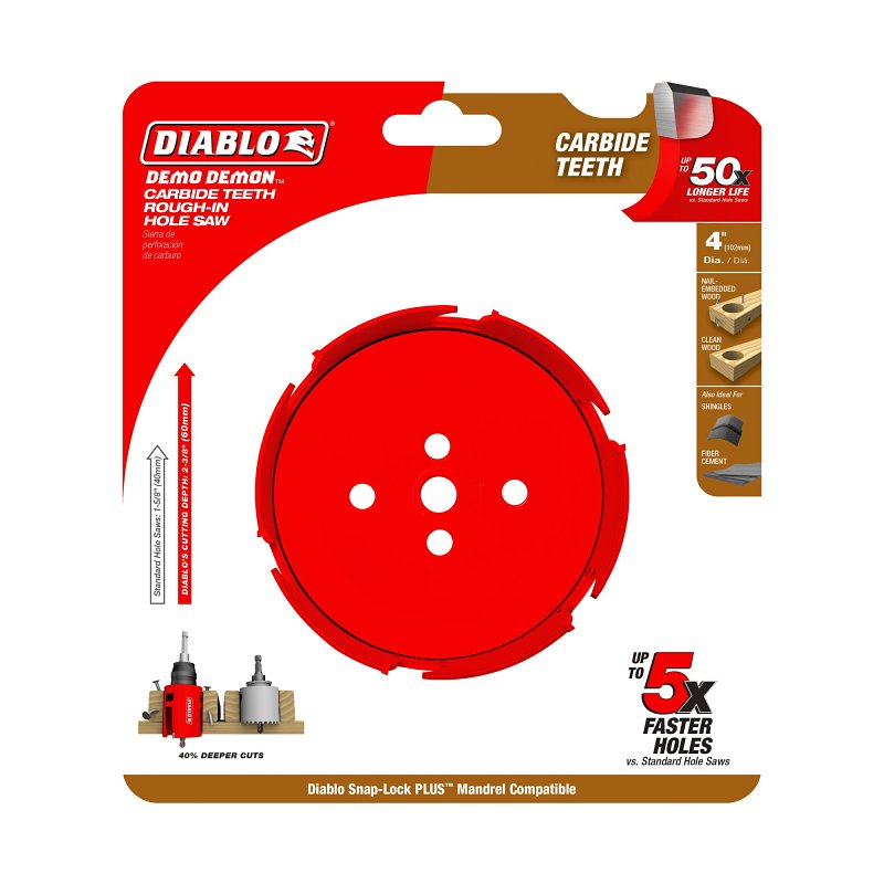 Diablo Demo Demon DHS4000CTR Hole Saw, 4 in Dia, 2-3/8 in D Cutting, 1-5/8 in Arbor, Carbide Cutting Edge