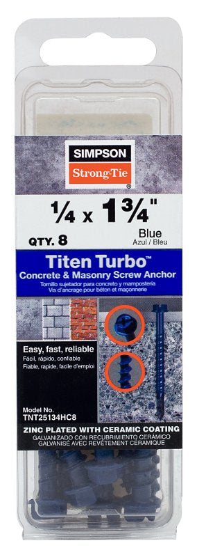Simpson Strong-Tie Titen Turbo TNT25134HC8 Screw Anchor, 1/4 in Dia, 1-3/4 in L, Carbon Steel, Ceramic-Coated/Zinc, 8/PK