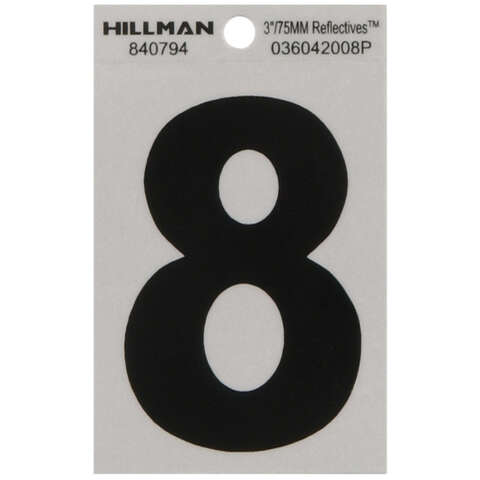 HILLMAN 3 in. Reflective Black Vinyl Self-Adhesive Number 8 1 pc, Pack of 6