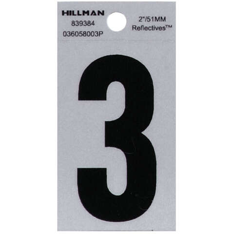 HILLMAN 2 in. Reflective Black Vinyl Self-Adhesive Number 3 1 pc, Pack of 6