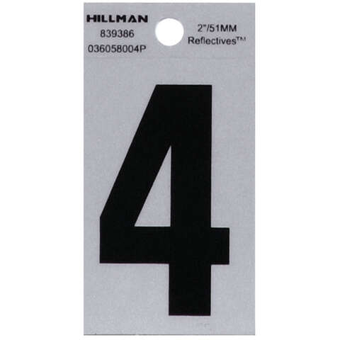 HILLMAN 2 in. Reflective Black Vinyl Self-Adhesive Number 4 1 pc, Pack of 6