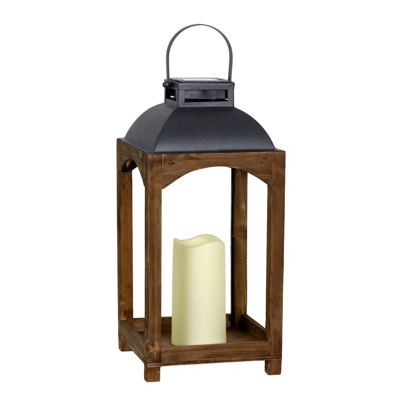 Exhart Metal/Wood Brown Solar Lantern, Pack of 2