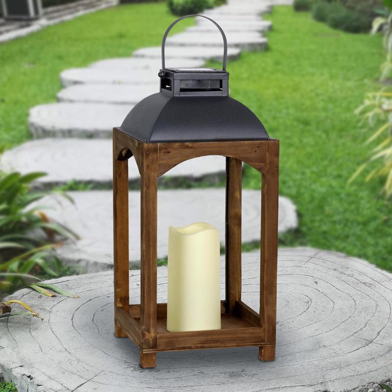 Exhart Metal/Wood Brown Solar Lantern, Pack of 2