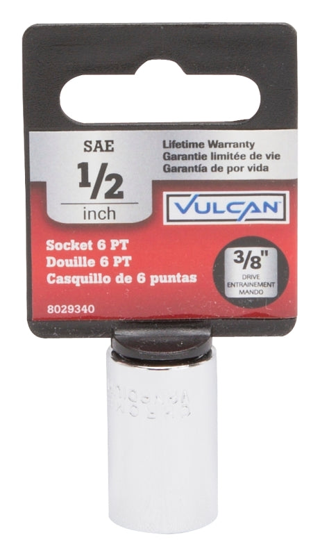 Vulcan MT6493845 Drive Socket, 1/2 in Socket, 3/8 in Drive, 6-Point, Chrome Vanadium Steel, Chrome