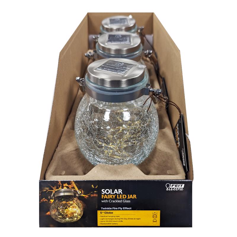 Feit Solar Fixtures 5 in. Solar Power Glass Round Bronze Crackle Jar w/Fairy Lights, Pack of 3