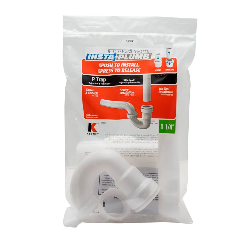 Insta-Plumb 200IPK P-Trap, 1-1/4 in, Push-To-Connect, Plastic, White