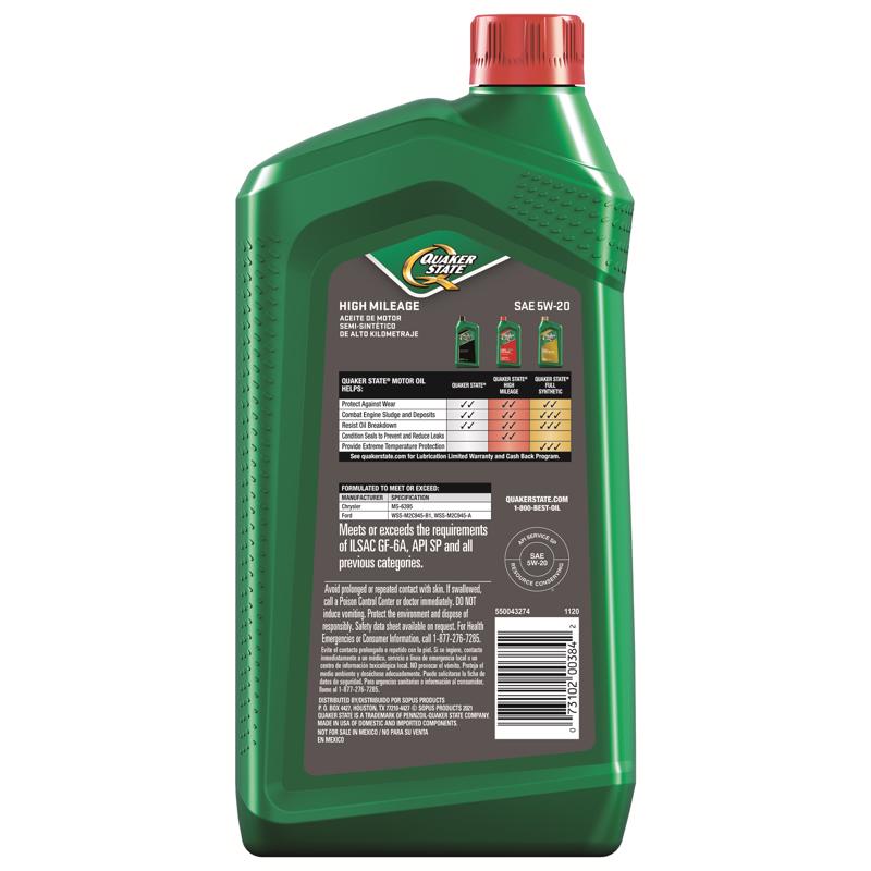 Quaker State Defy 5W-20 Gasoline Synthetic Blend Motor Oil 1 qt 1 pk, Pack of 6